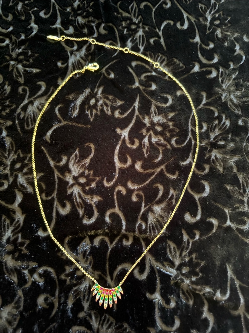 Gold Tone Multicolor Fan Pendant Necklace - Vibrant Green & Pink Accent
